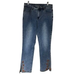 Tru Luxe Straight Leg Jeans Women 10 Blue Excellent Embroidered Floral Hem Slit